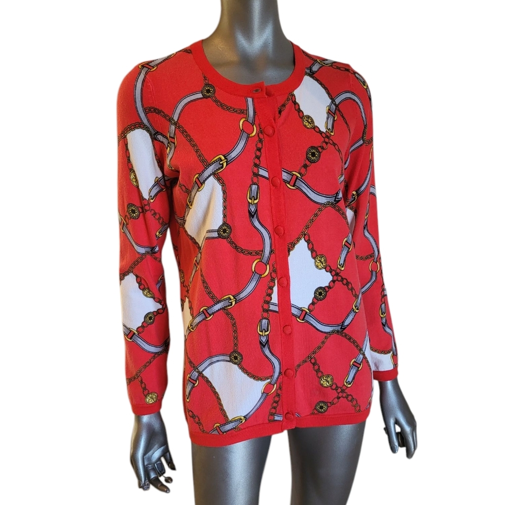 FINAL PRICE DROP:354. Dennis Basso Red and White Cardigan w/chain belt Design